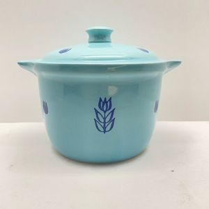 Vintage 50s Cronin Pottery Blue Tulip Dutch Oven Bean Pot Casserole Dish 2 QT